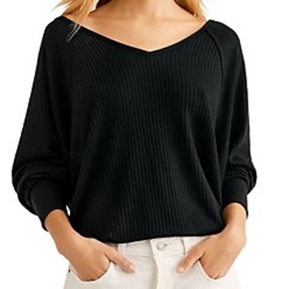Free People Tops - FP Santa Clara Waffle Knit Blk LS V-Neck Oversized Top